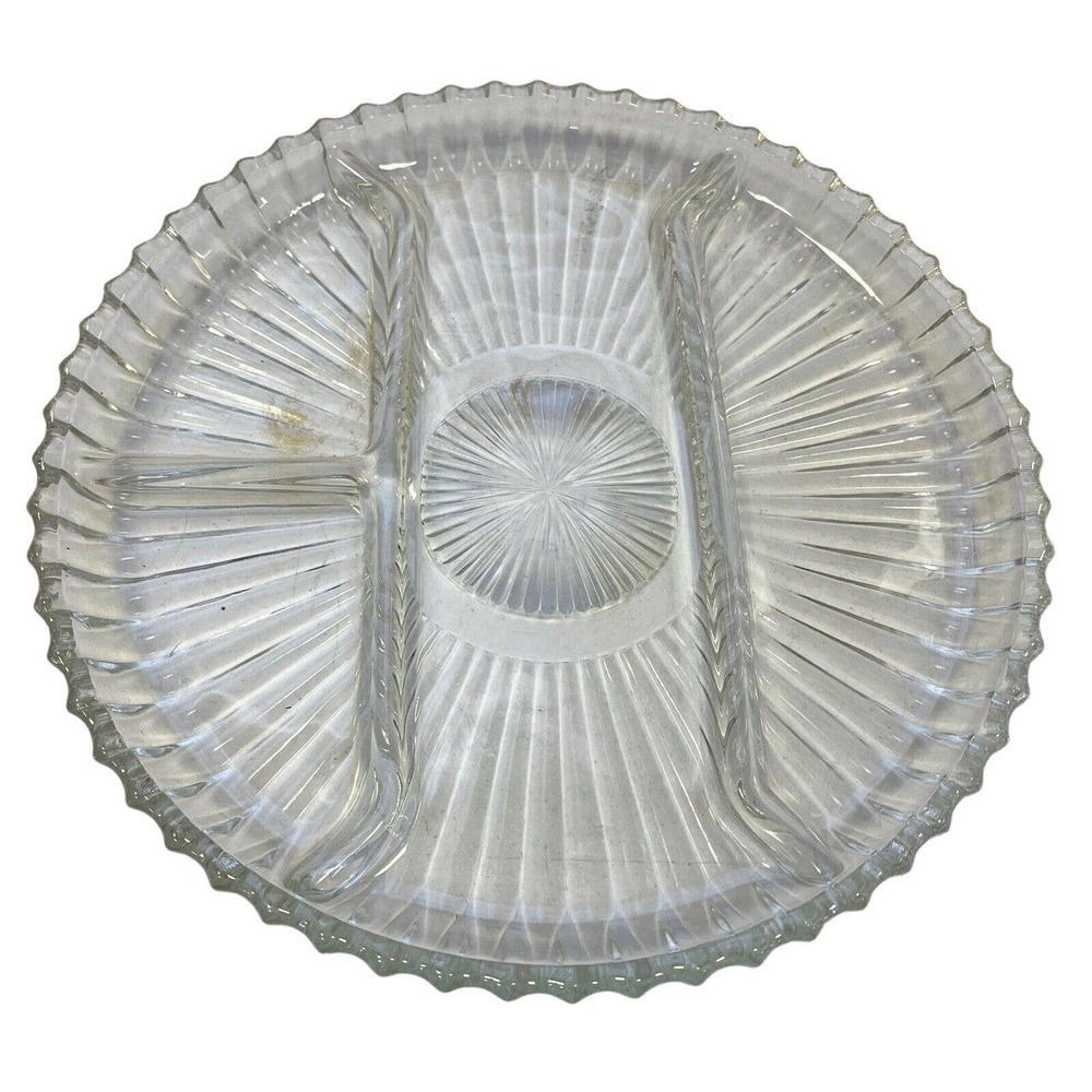 VINTAGE Glass Relish Tray Divided Round Starburst Pattern